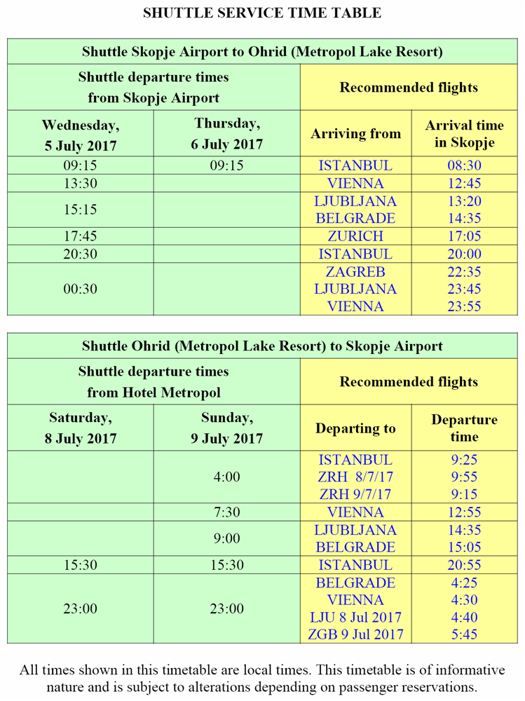 SHUTTLE SERVICE TIME TABLE